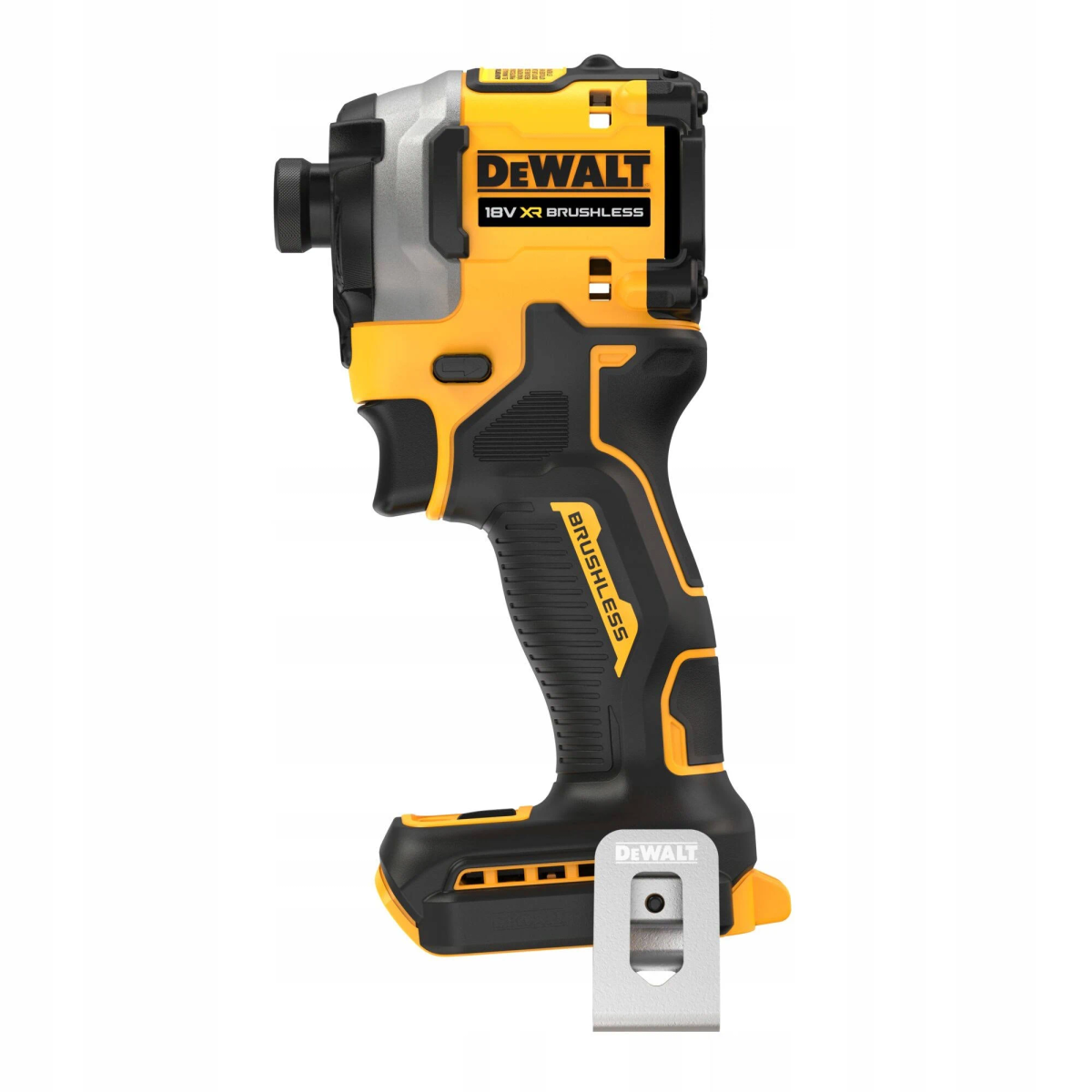 Ein gelbes und schwarzes DeWalt Schlagschrauberwerkzeug mit einem silbernen Metallclip.