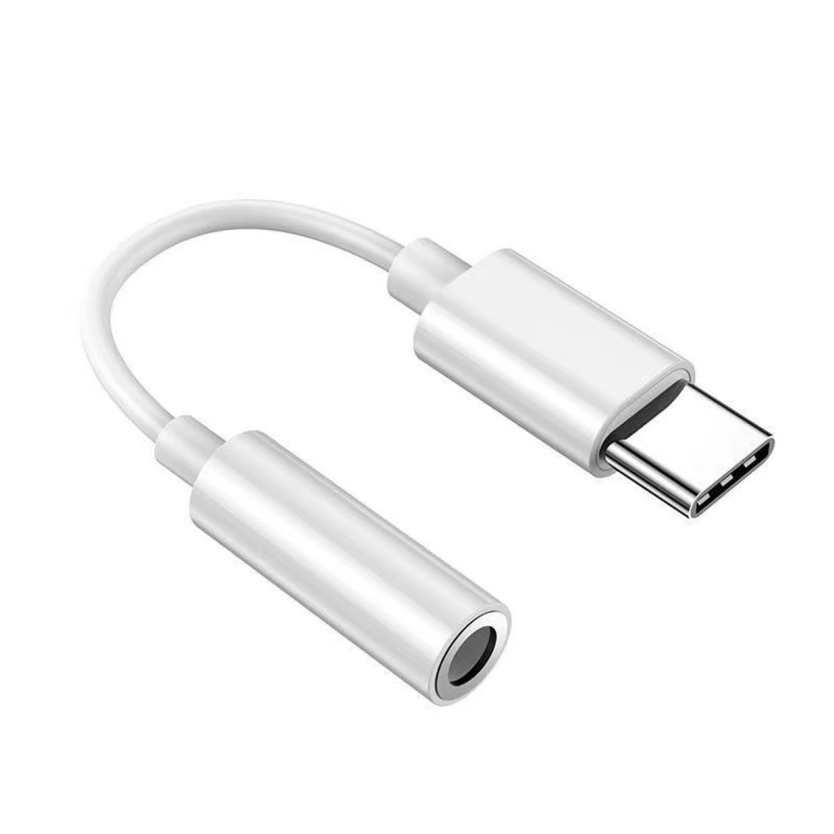 Un cable adaptador de audio USB-C a 3,5 mm blanco con un extremo macho y hembra.