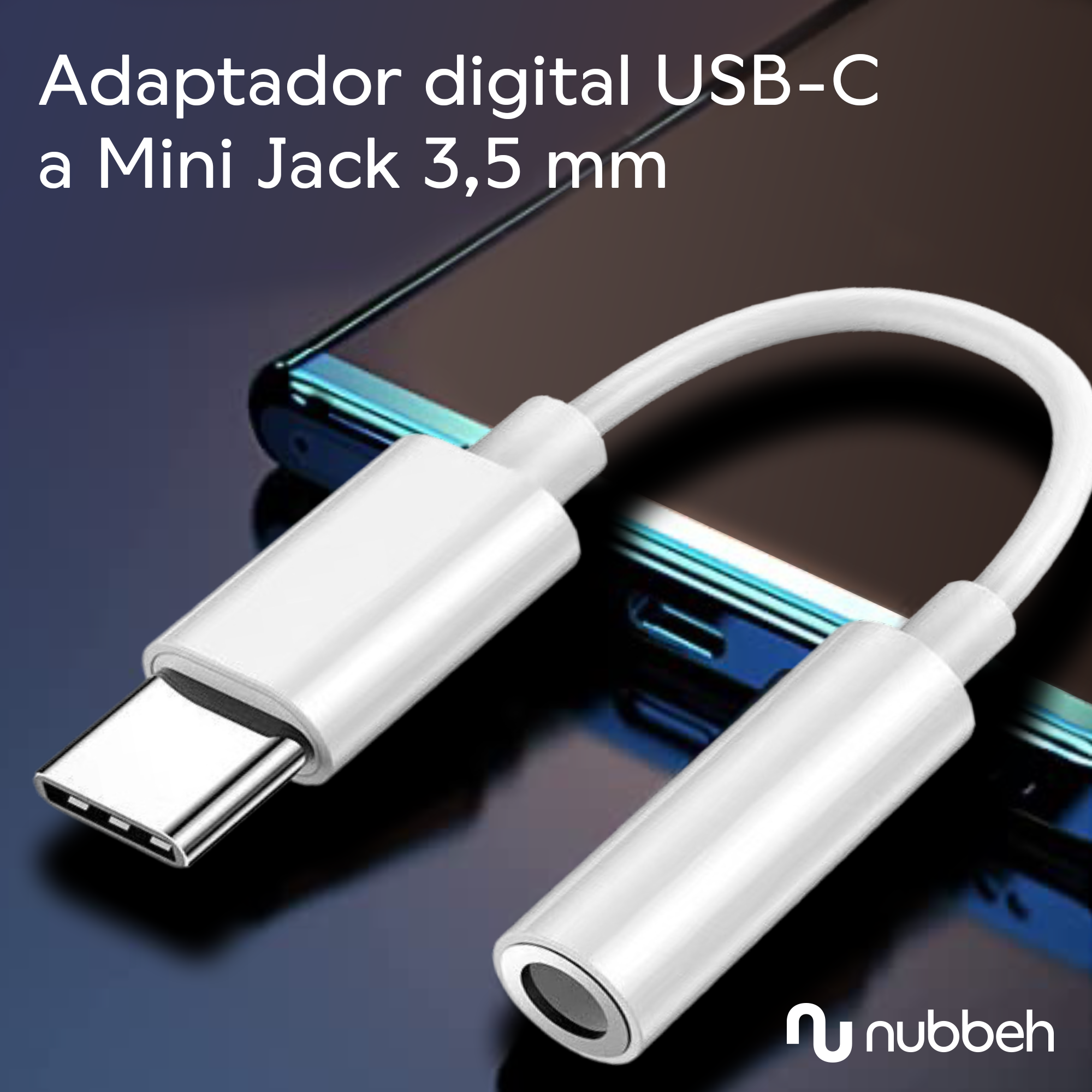 Un adaptador USB-C blanco a Mini Jack de 3,5 mm con cable blanco, sobre una superficie oscura.
