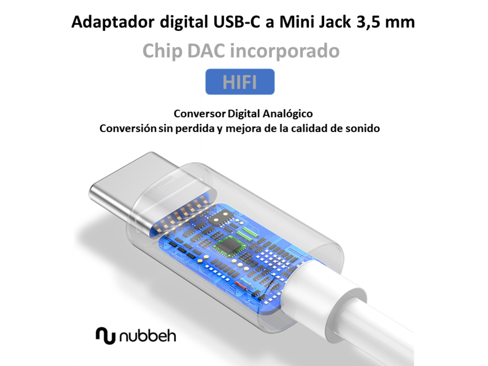 Adaptador USB-C a Mini Jack, con vista del chip.