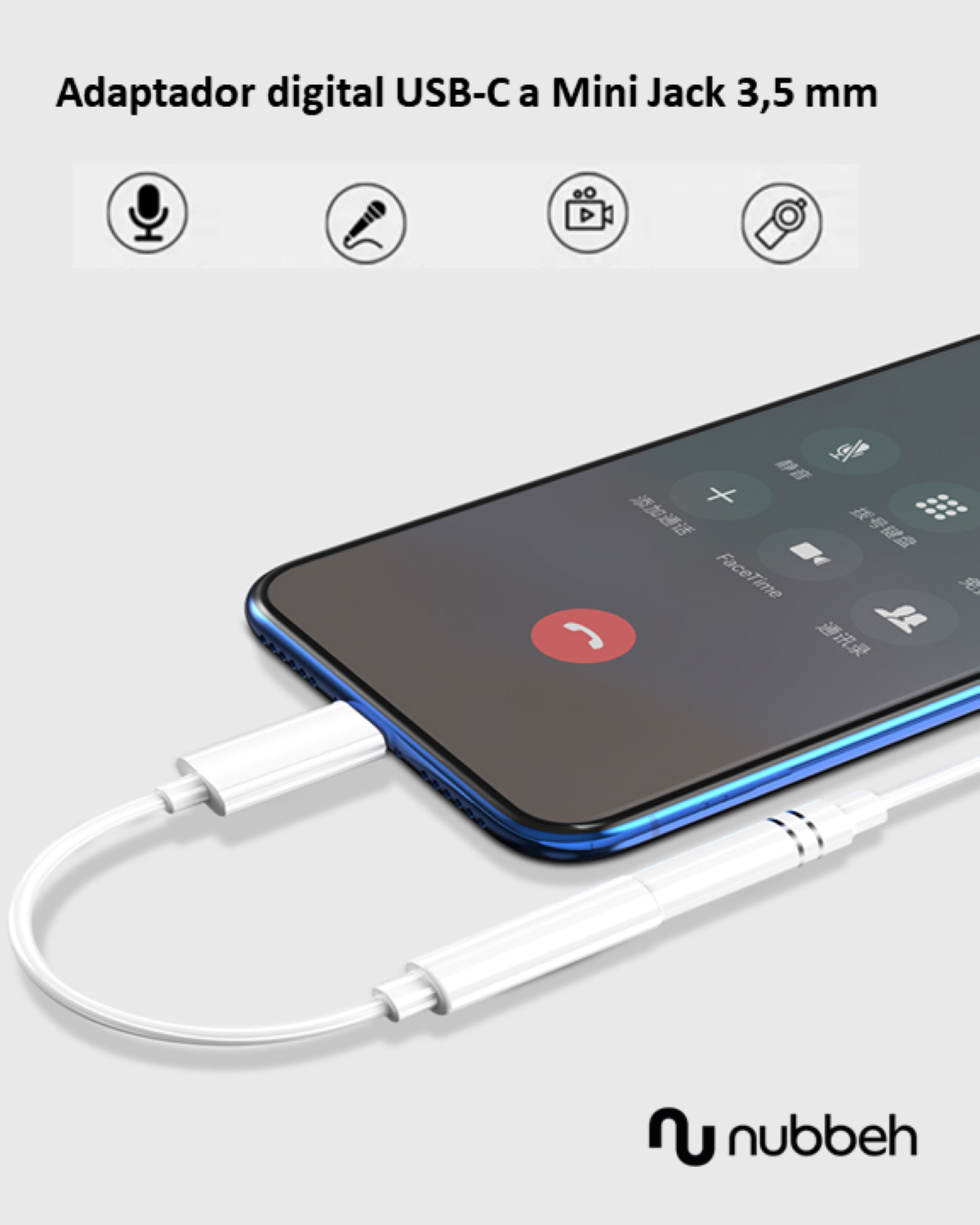 Smartphone con cable adaptador blanco conectado, iconos de llamada, micrófono y vídeo.