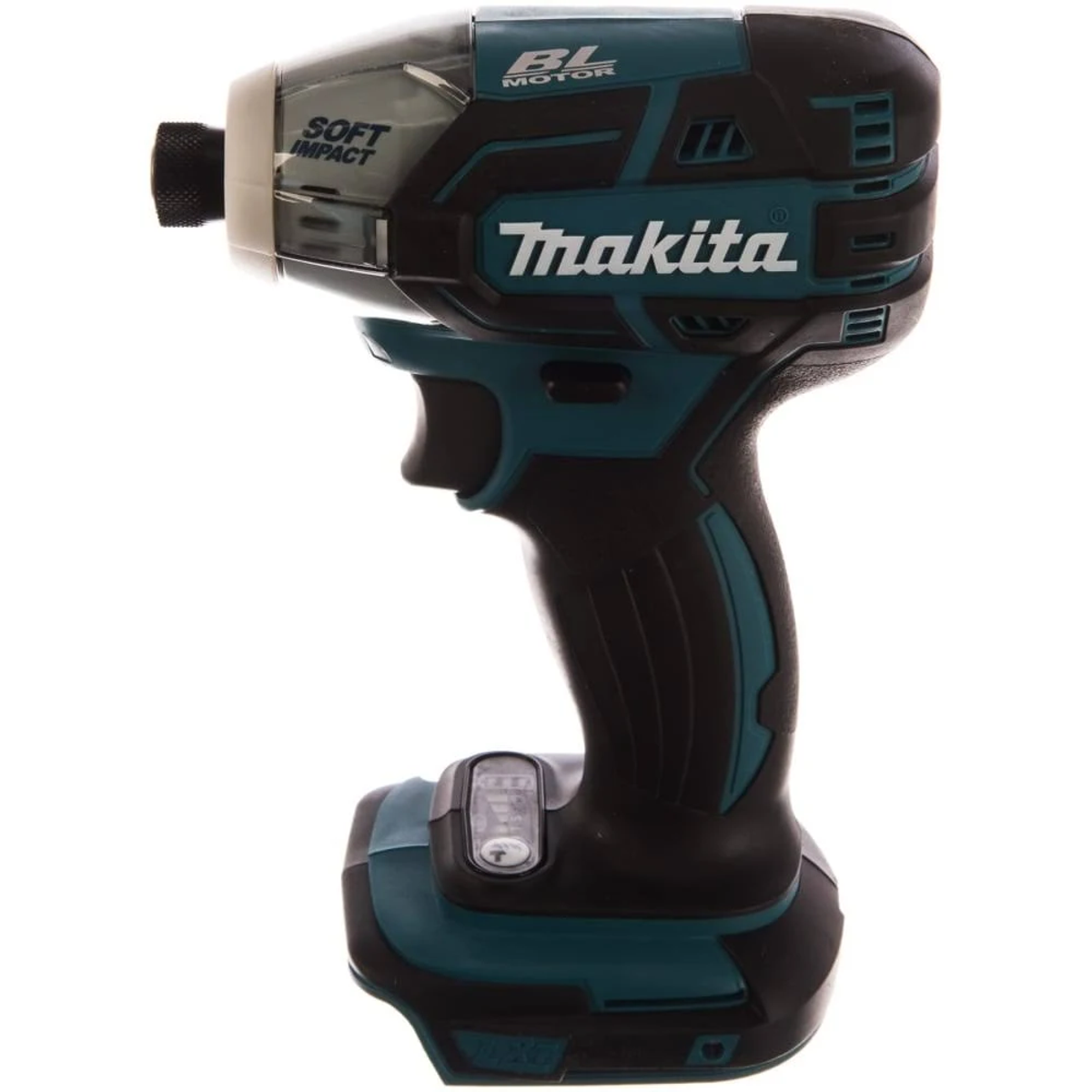 Un destornillador de impacto Makita negro y verde azulado. Es una herramienta eléctrica con una batería adjunta.