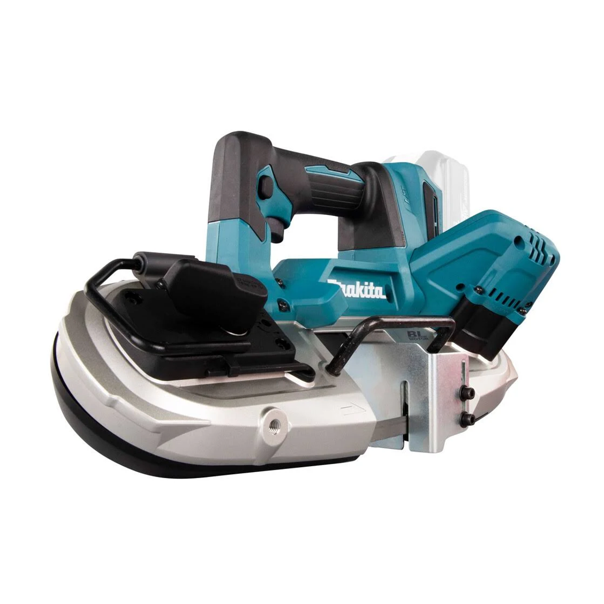 Turkusowo-czarna piła taśmowa. Na białym tle.