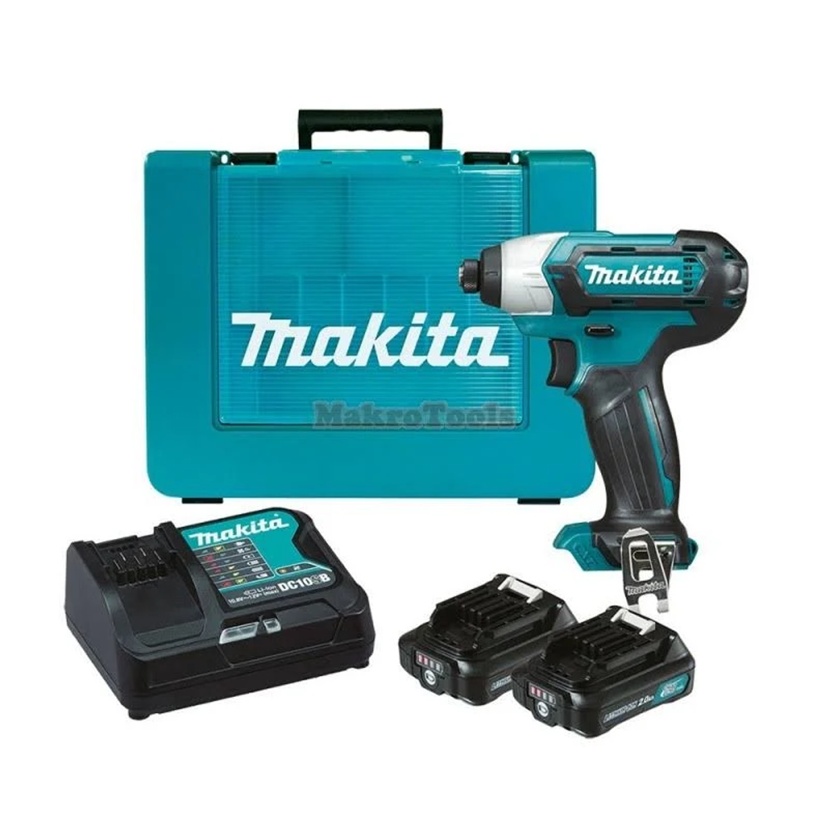 Set avvitatore a impulsi Makita con custodia, caricabatterie e batterie. Colori teal e nero su sfondo bianco.