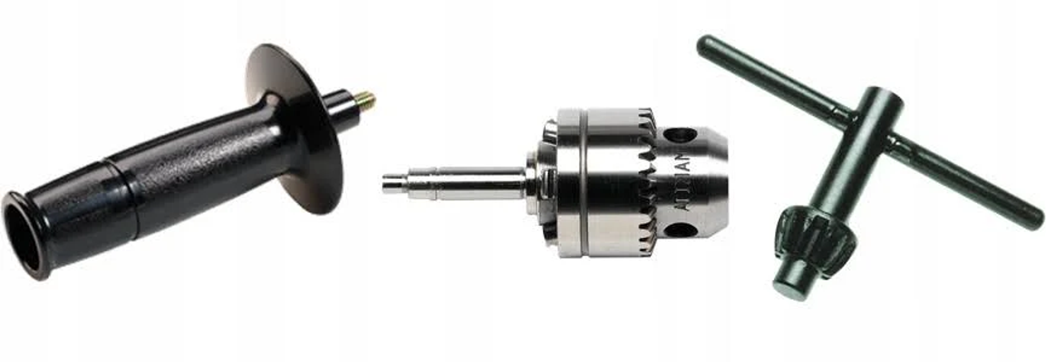 Tres accesorios de taladro: una empuñadura lateral, un portabrocas y una llave.