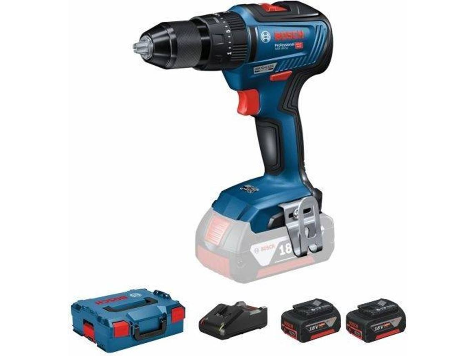 Trapano avvitatore Bosch blu e rosso con accessori e batterie.