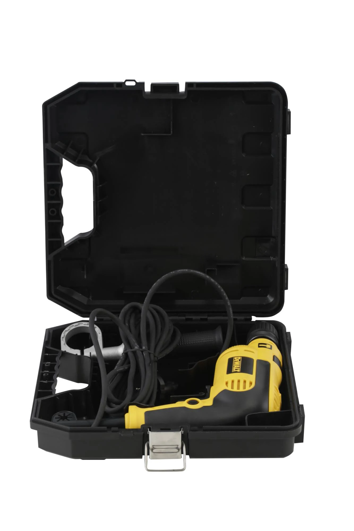 Maletín negro con taladro Dewalt amarillo y negro con cable.