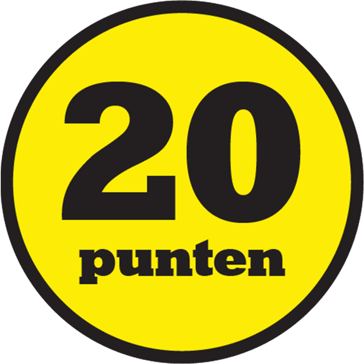 Círculo amarillo con un borde negro grueso. El número 20 en negro con 'punten' debajo.