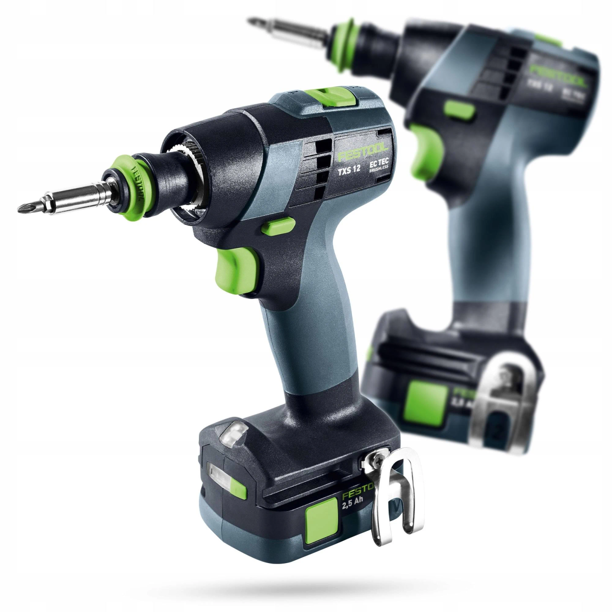 Dos atornilladores de impacto inalámbricos Festool, negros y grises con detalles verdes, sobre fondo blanco.