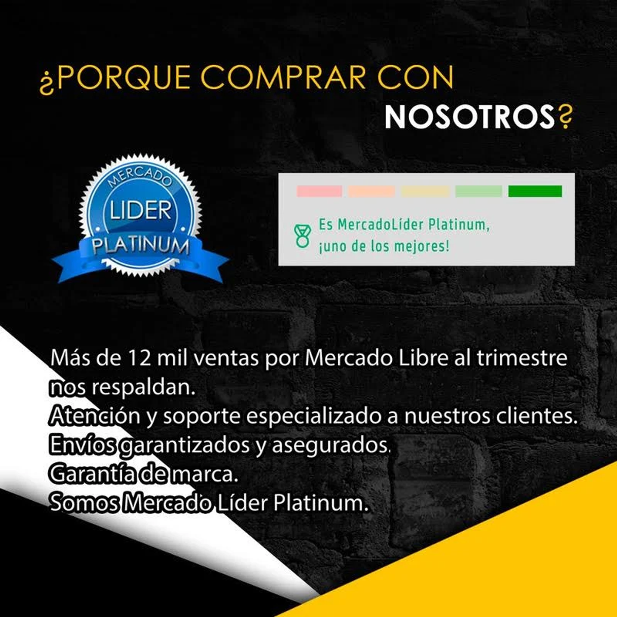 Anuncio de texto en español. Incluye una insignia de Mercado Líder Platinum y viñetas.