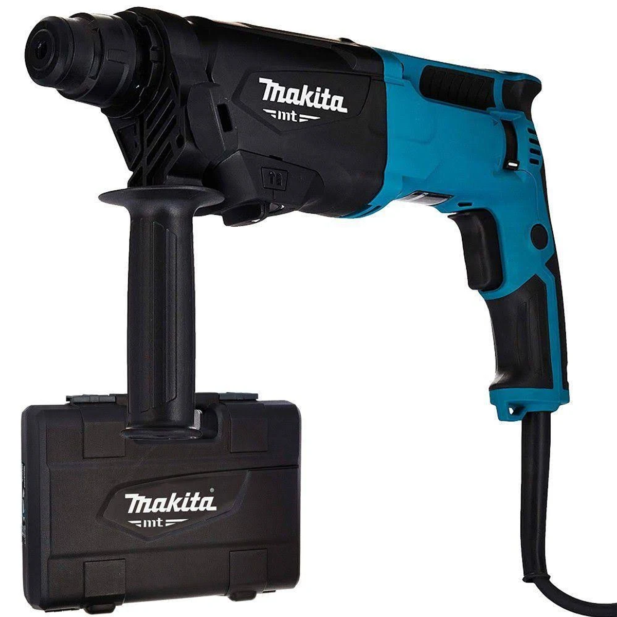 Un taladro percutor Makita turquesa y negro con un maletín de transporte negro.