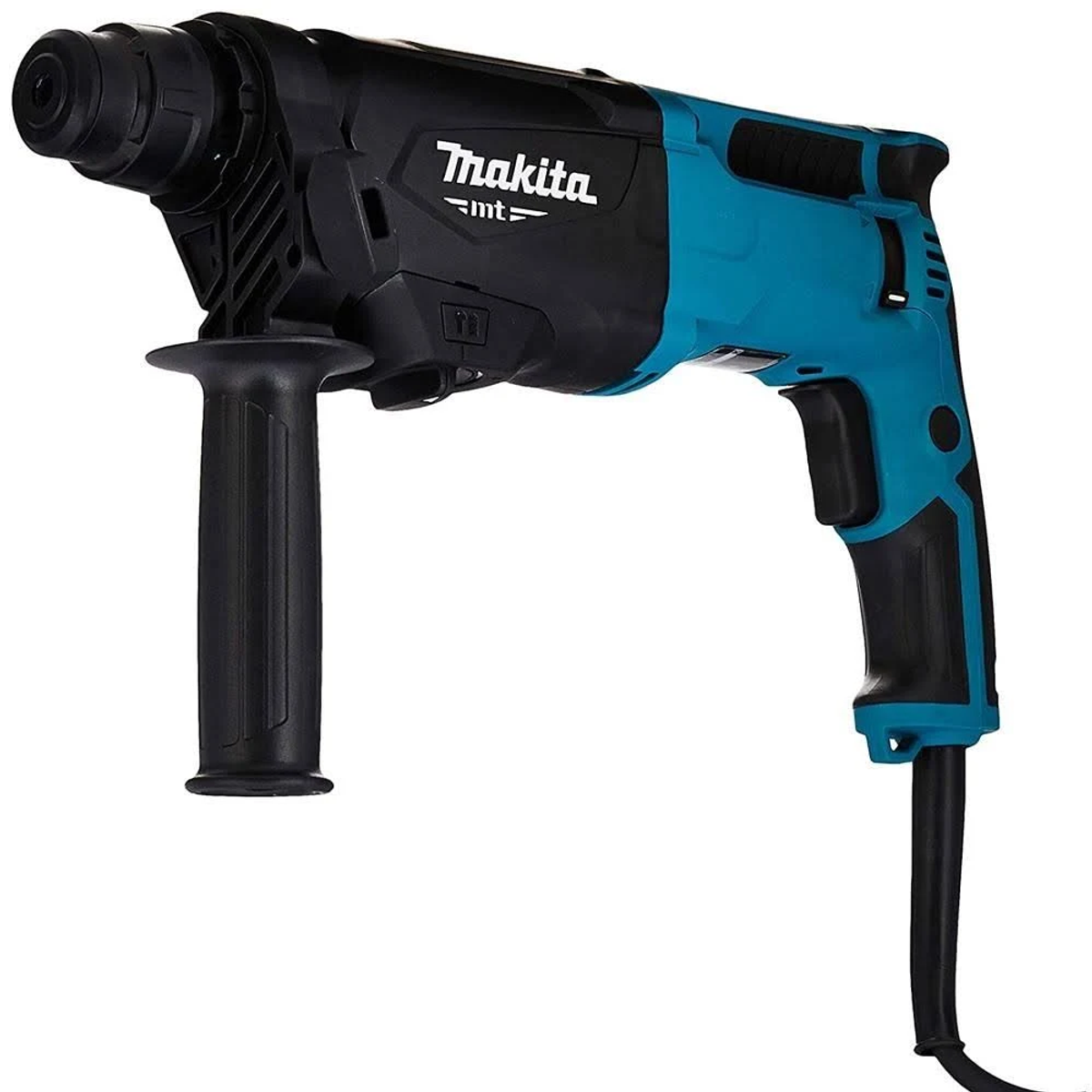 Un taladro percutor Makita negro y verde azulado. Tiene un mango y un cable de alimentación conectado.