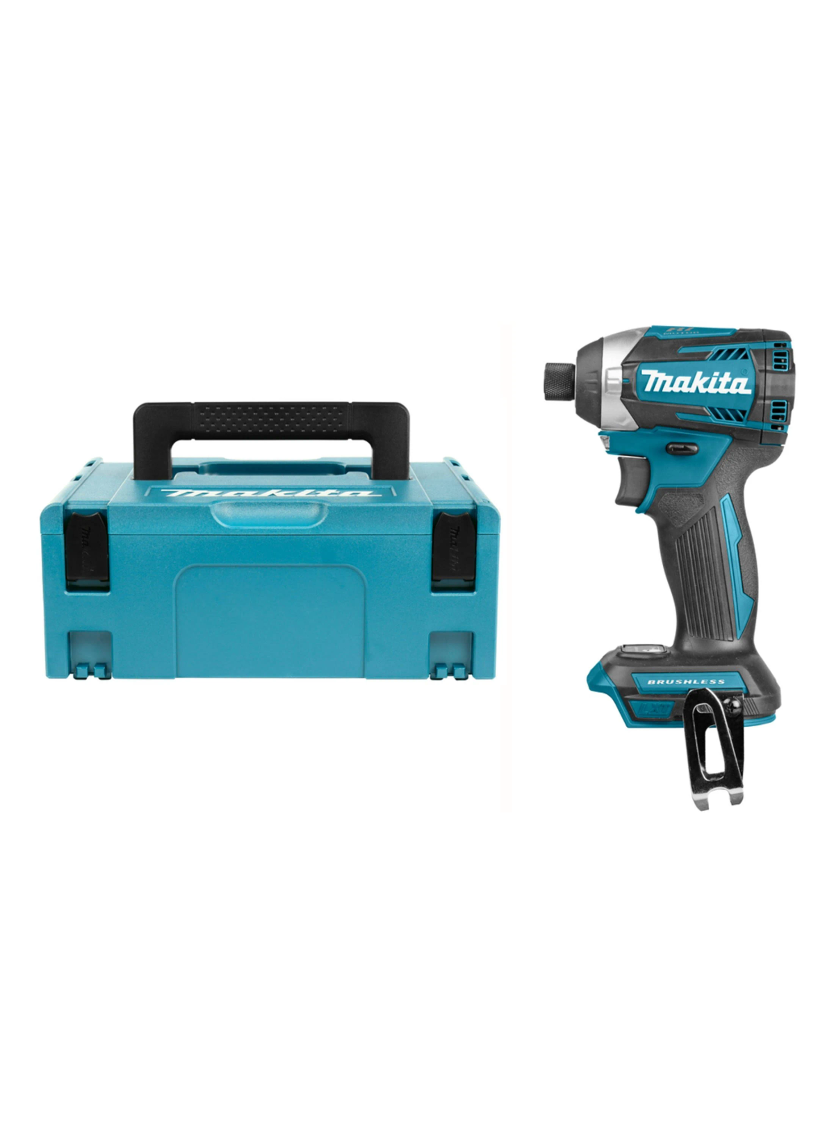 Un avvitatore a percussione Makita e una valigetta teal su sfondo bianco.
