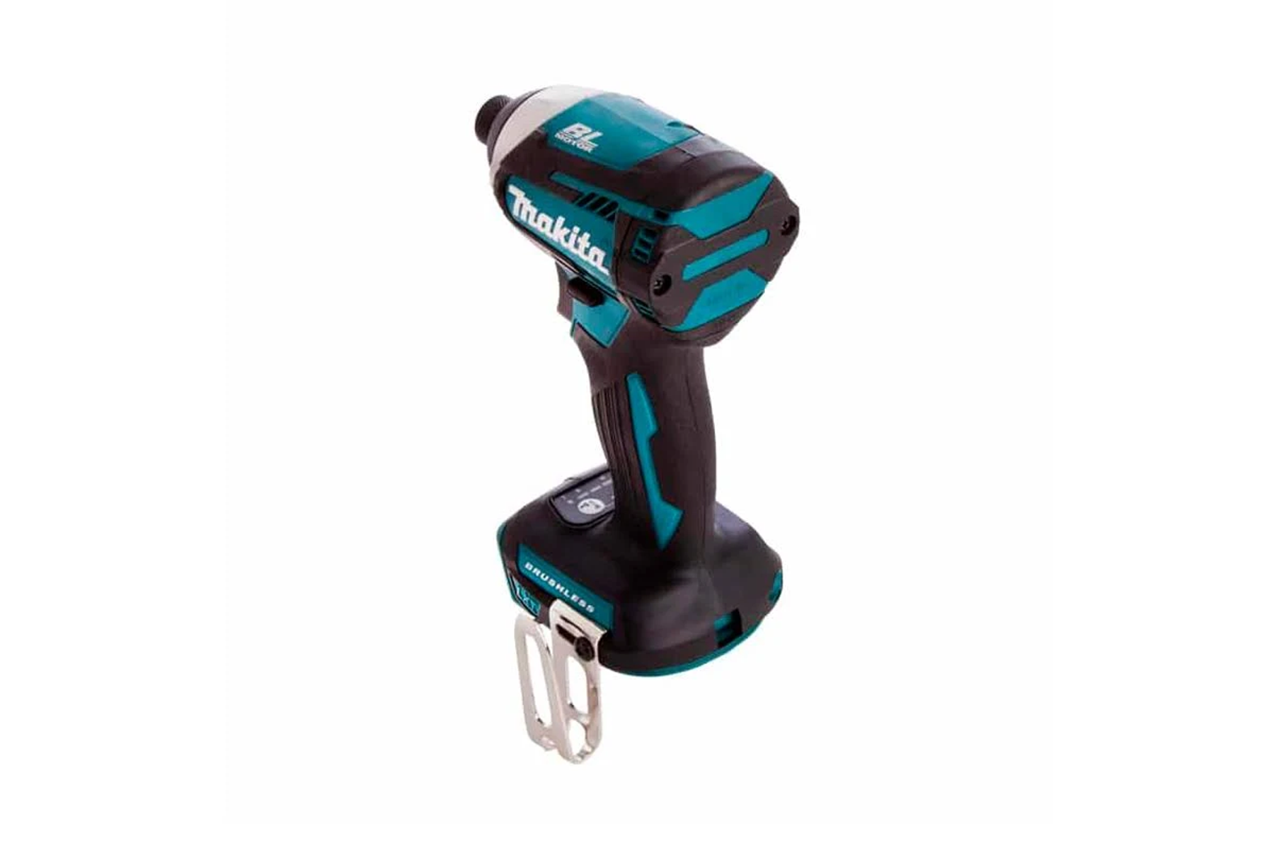 Un avvitatore a impulsi Makita. Colore nero e verde acqua. Sfondo bianco.