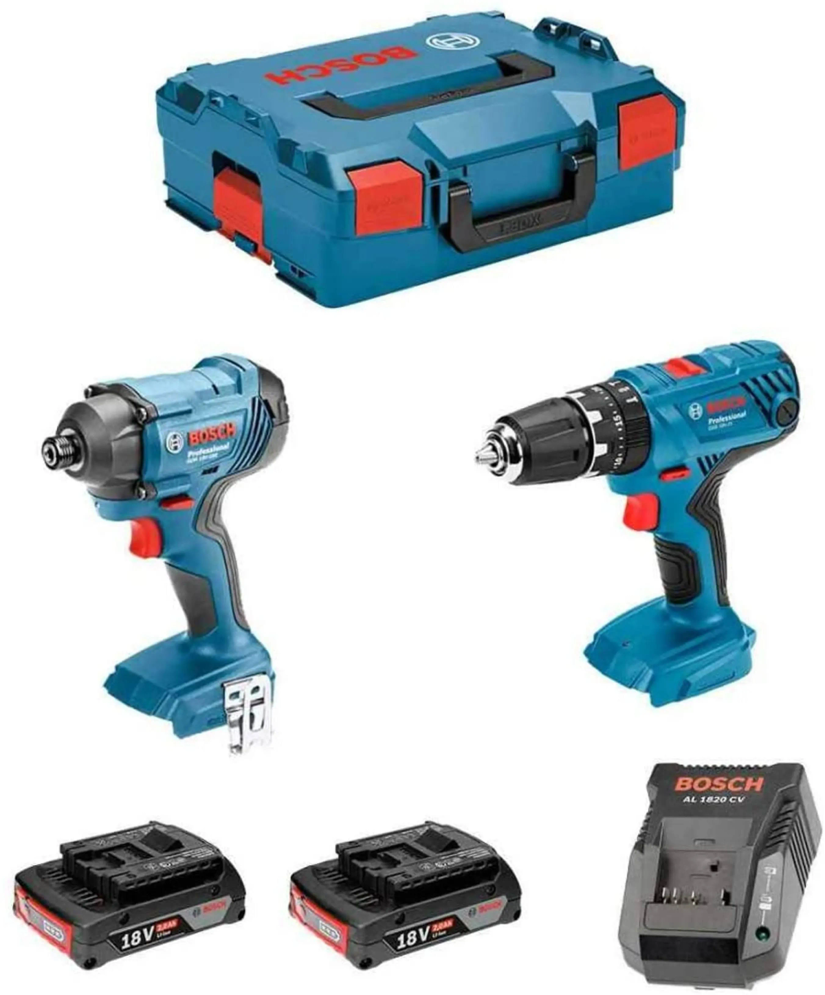 Herramientas eléctricas Bosch: taladro, atornillador de impacto, cargador y dos baterías, todo azul.