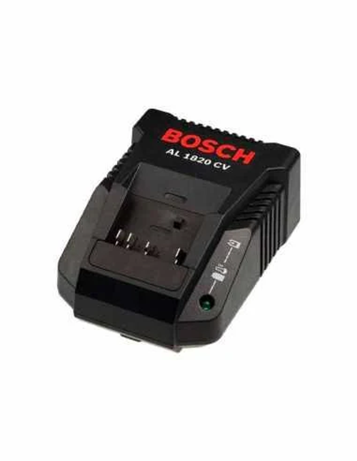 Cargador de batería Bosch negro con el logotipo rojo de Bosch.
