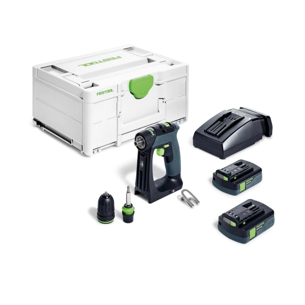 Ein schnurloses Bohrmaschinen-Set von Festool mit weißem Koffer, Batterien und Zubehör.