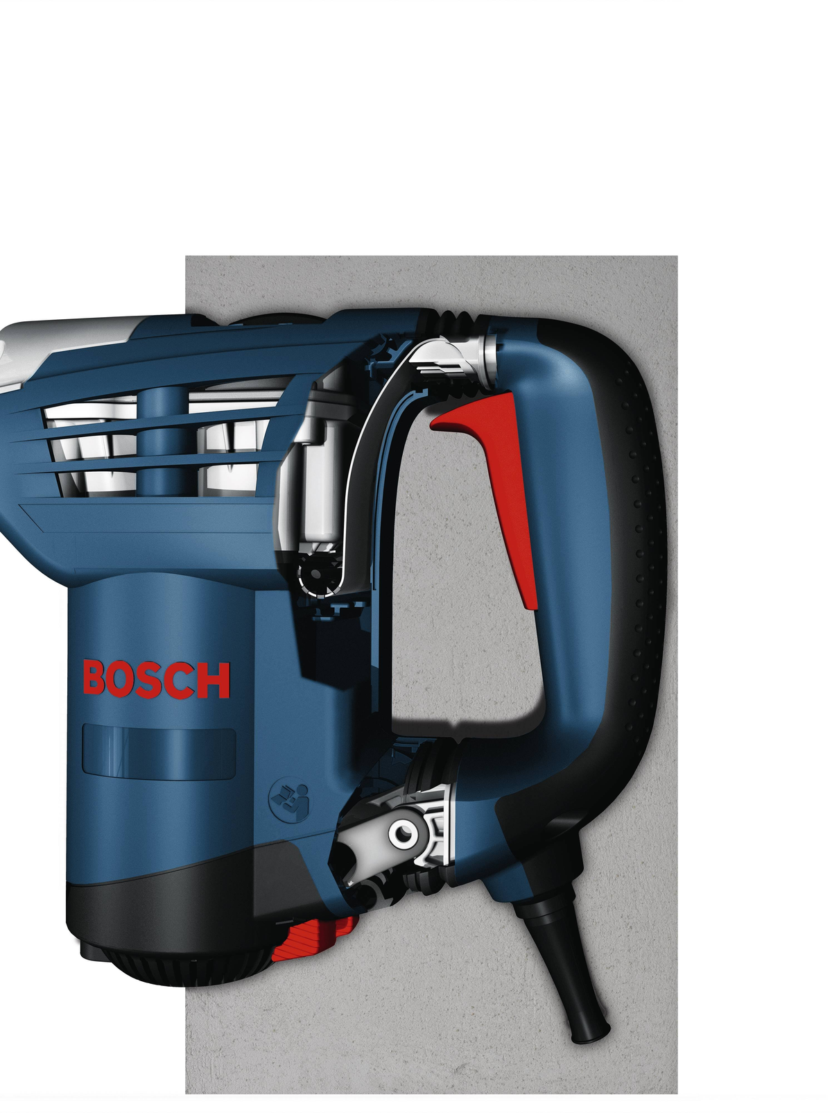 Perforateur Bosch, bleu et noir avec détail de poignée rouge.