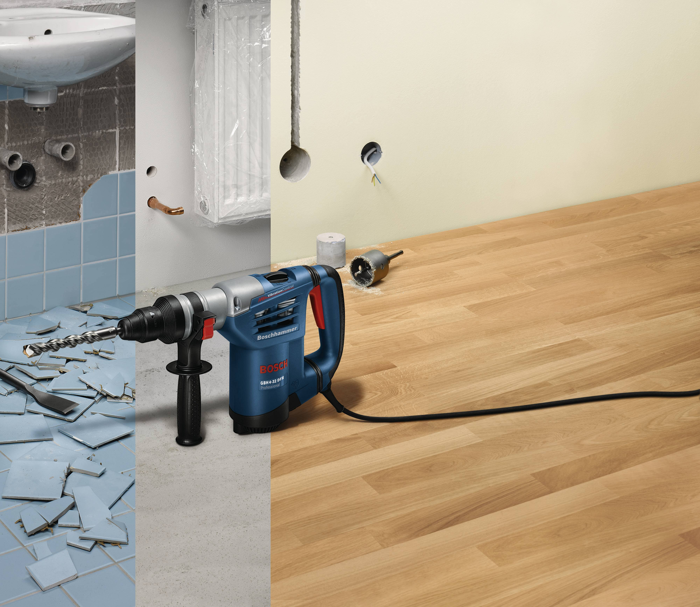 Perceuse et mur, avec un avant-après de carrelage et réparation murale.