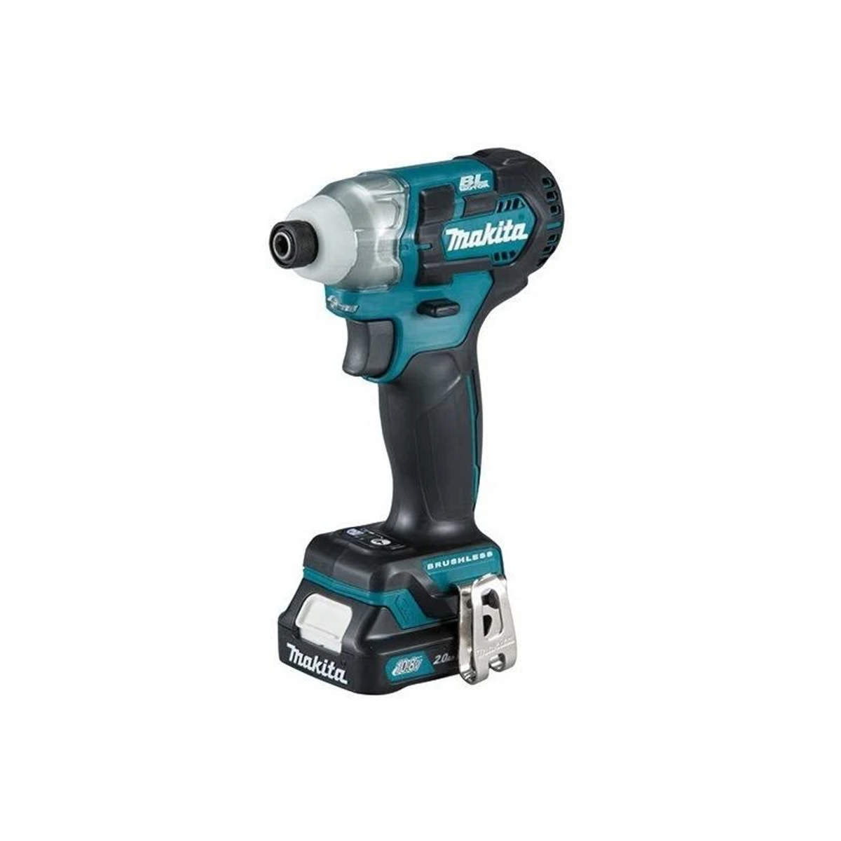 Un atornillador de impacto Makita azul y negro, aislado sobre fondo blanco.