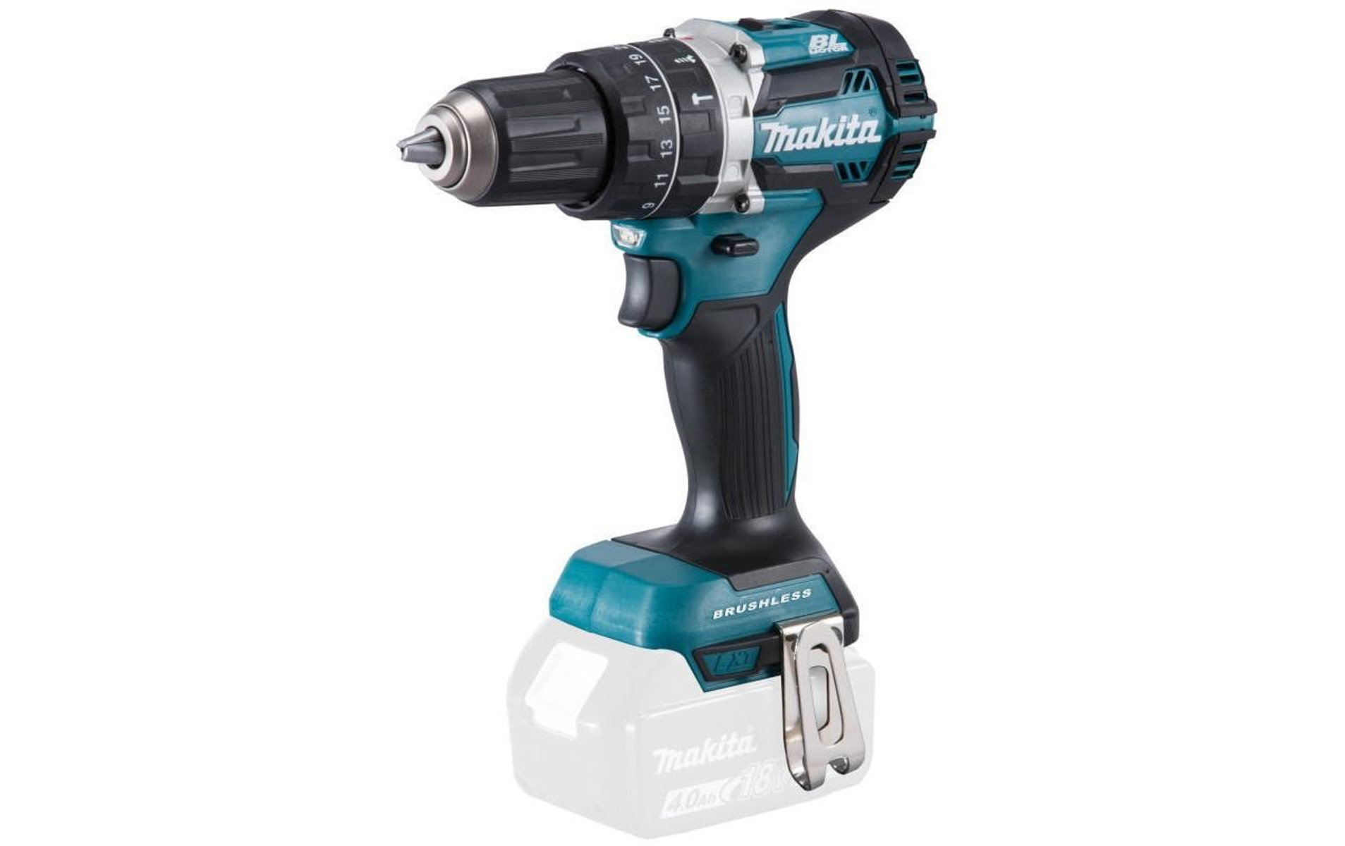 Un taladro Makita negro y verde azulado con batería, sobre un fondo blanco.
