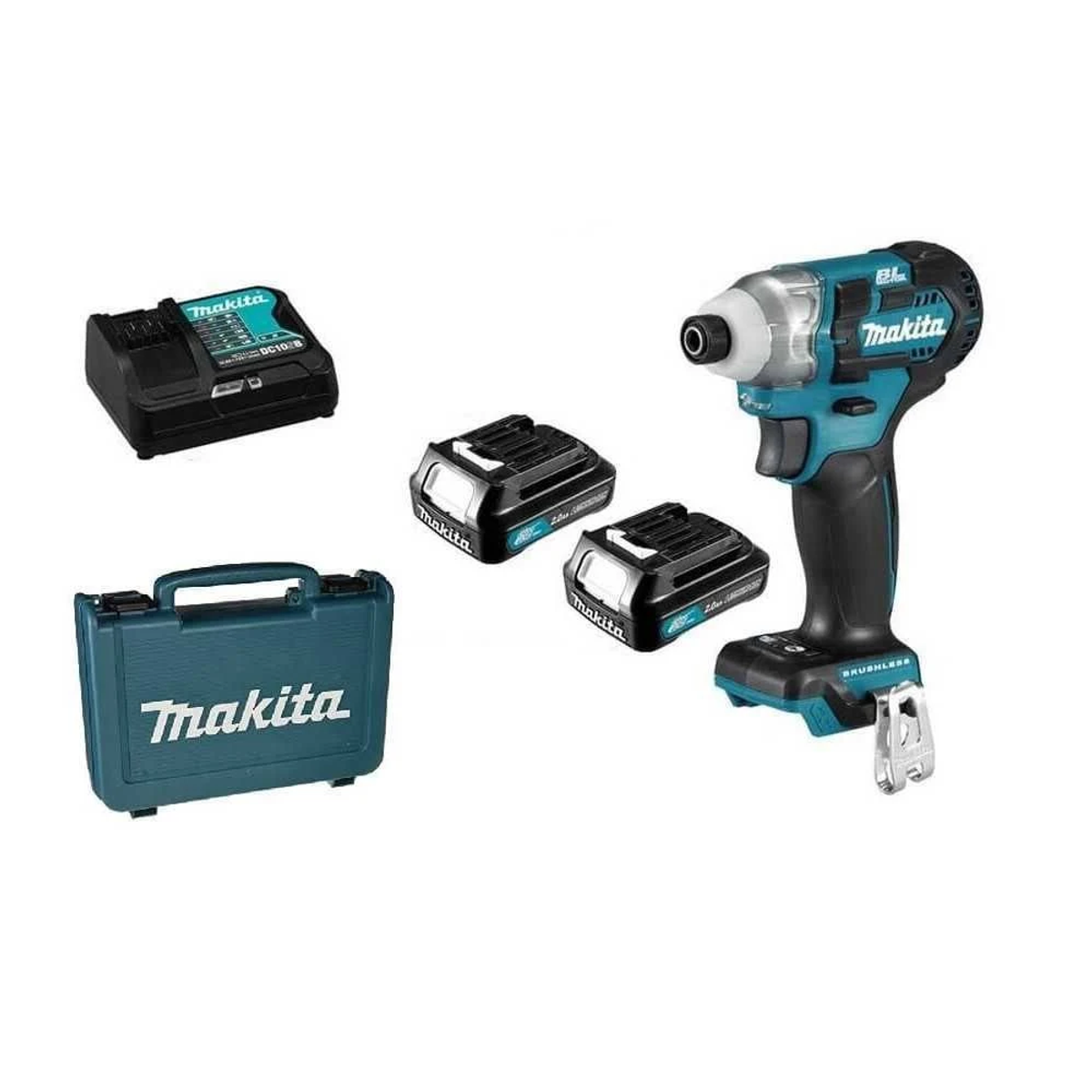 Un atornillador de impacto Makita con dos baterías, un cargador y una maleta turquesa.