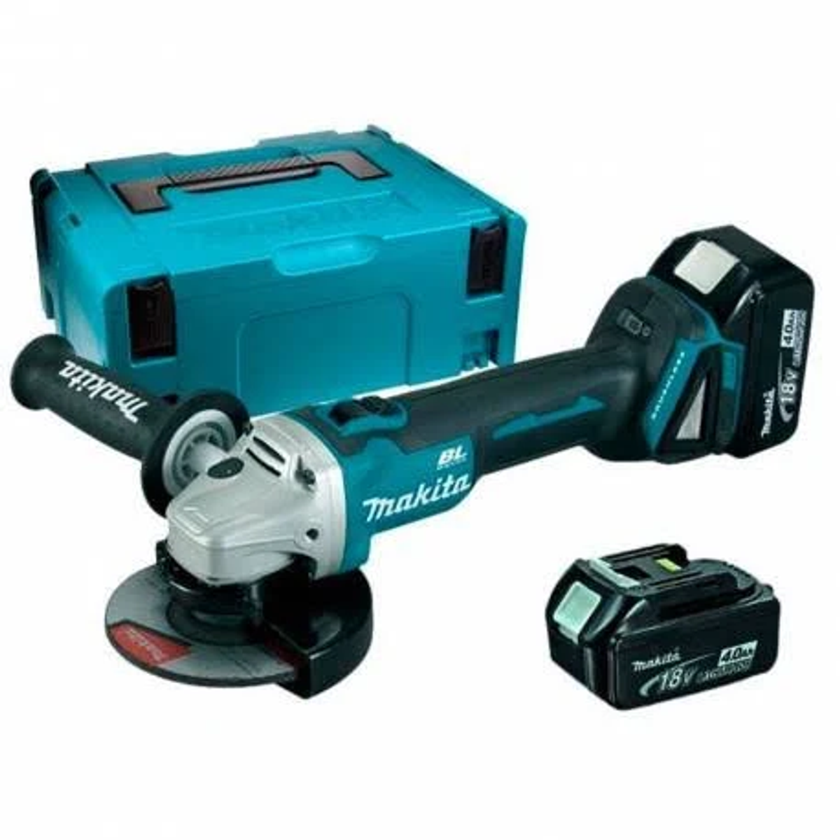Amoladora angular Makita con diseño turquesa y negro, con batería y maletín de transporte.