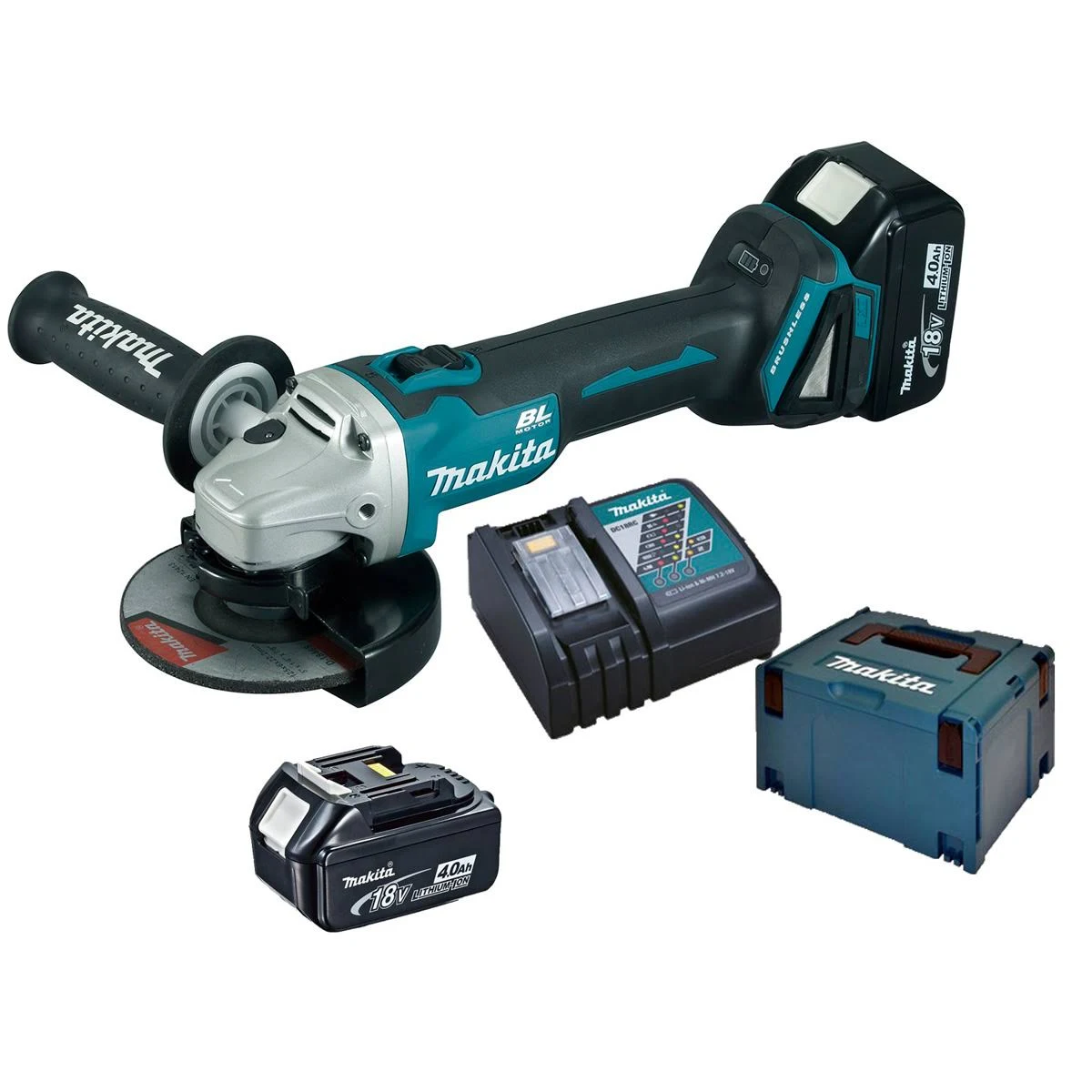 Amoladora angular Makita con batería y accesorios, sobre fondo blanco.