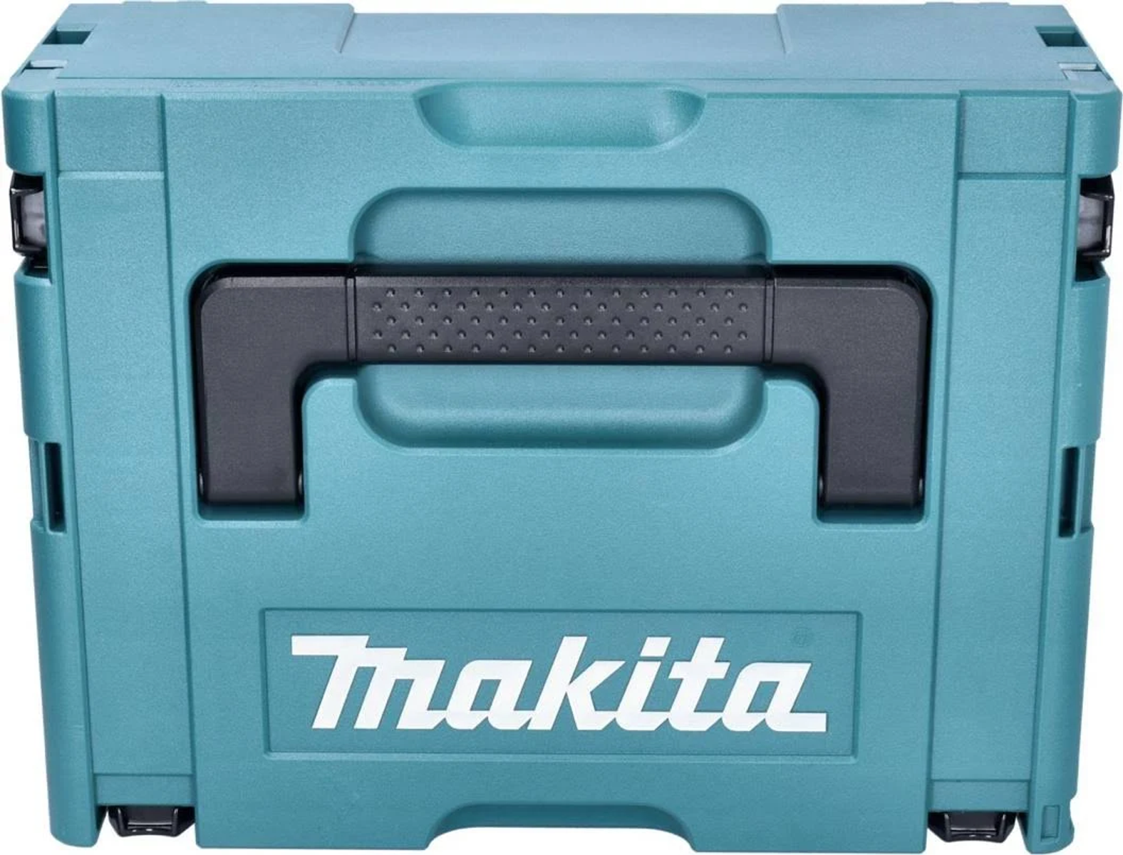 Caja de herramientas Makita turquesa con asa negra y logotipo blanco. La caja está cerrada.