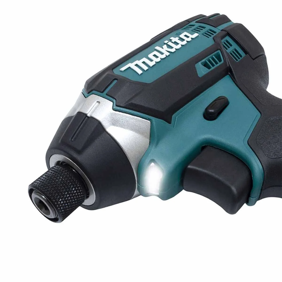 Atornillador de impacto Makita turquesa y negro con luz, toma de cerca.