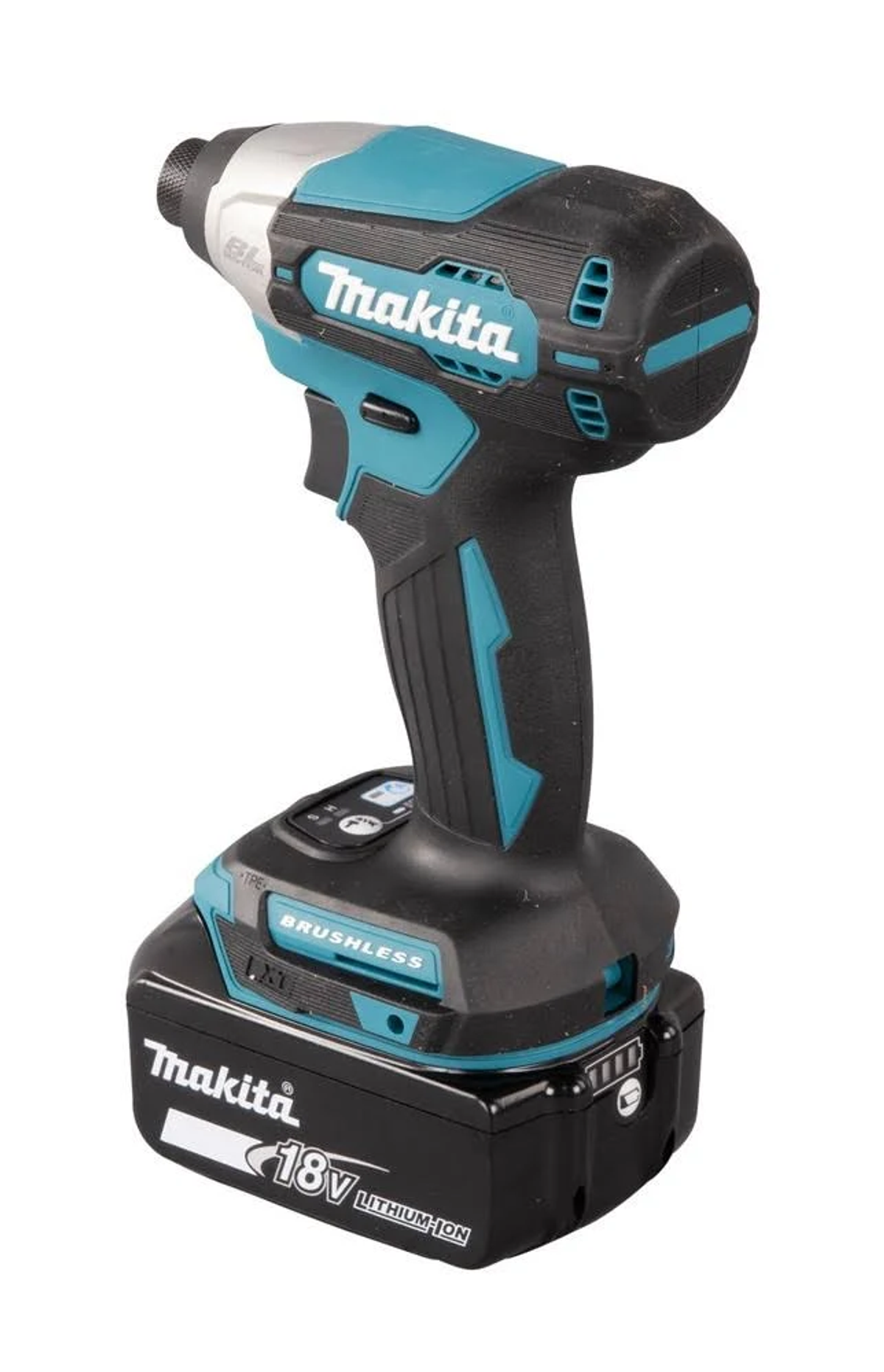 Un atornillador de impacto Makita negro y verde azulado con batería, sobre fondo blanco.