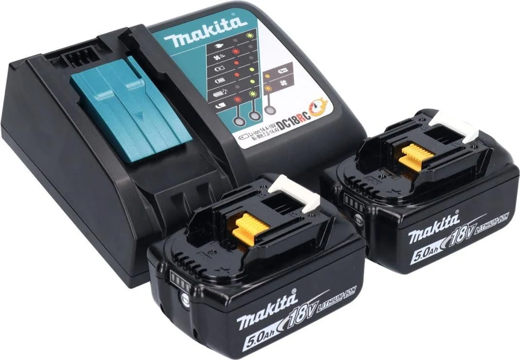 Cargador Makita negro con dos baterías. El cargador está frente a un fondo blanco. Las baterías son negras.