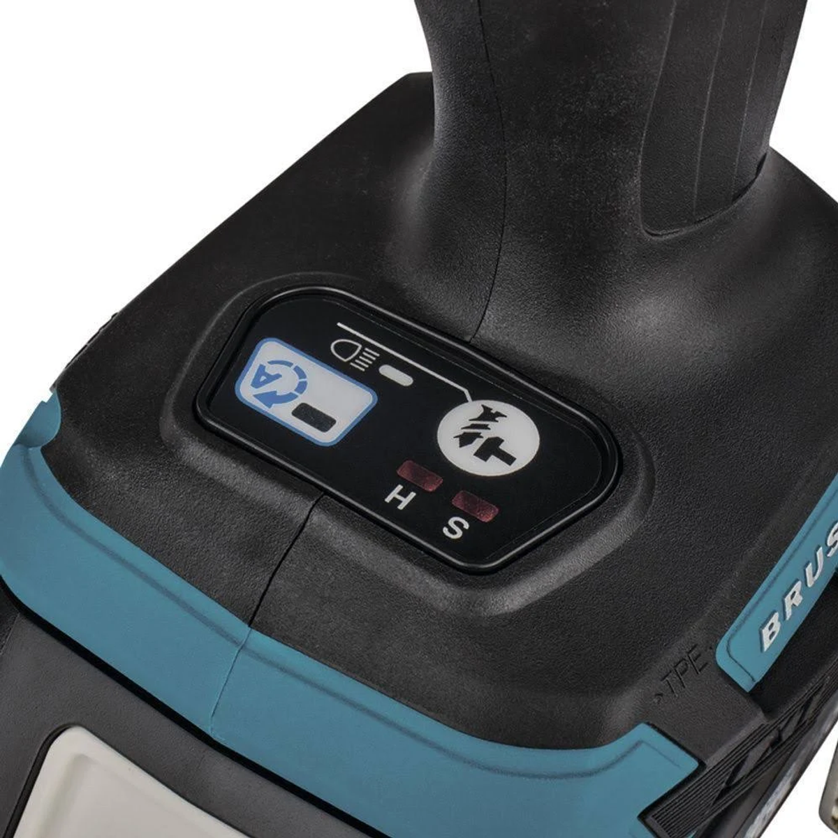 Primer plano del panel de control del destornillador de impacto Makita. Cuenta con luces e iconos para la configuración.
