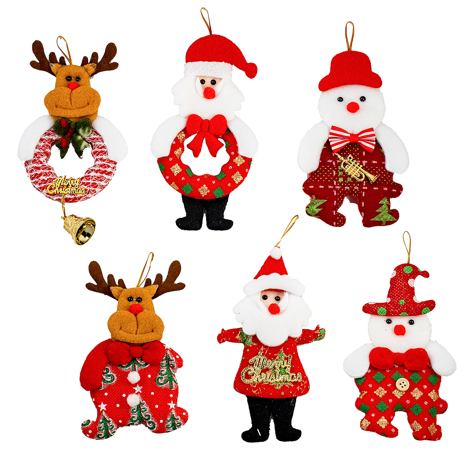 Weihnachtsschmuck: Rentier, Weihnachtsmann, Schneemannfiguren. Weißer Hintergrund.