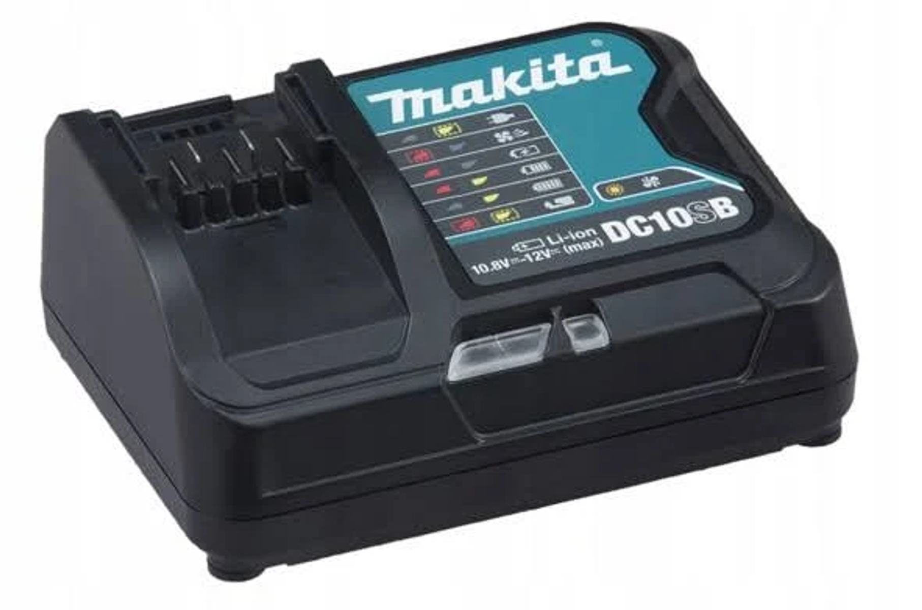 Cargador de batería Makita DC10SB negro con diseño turquesa y negro.