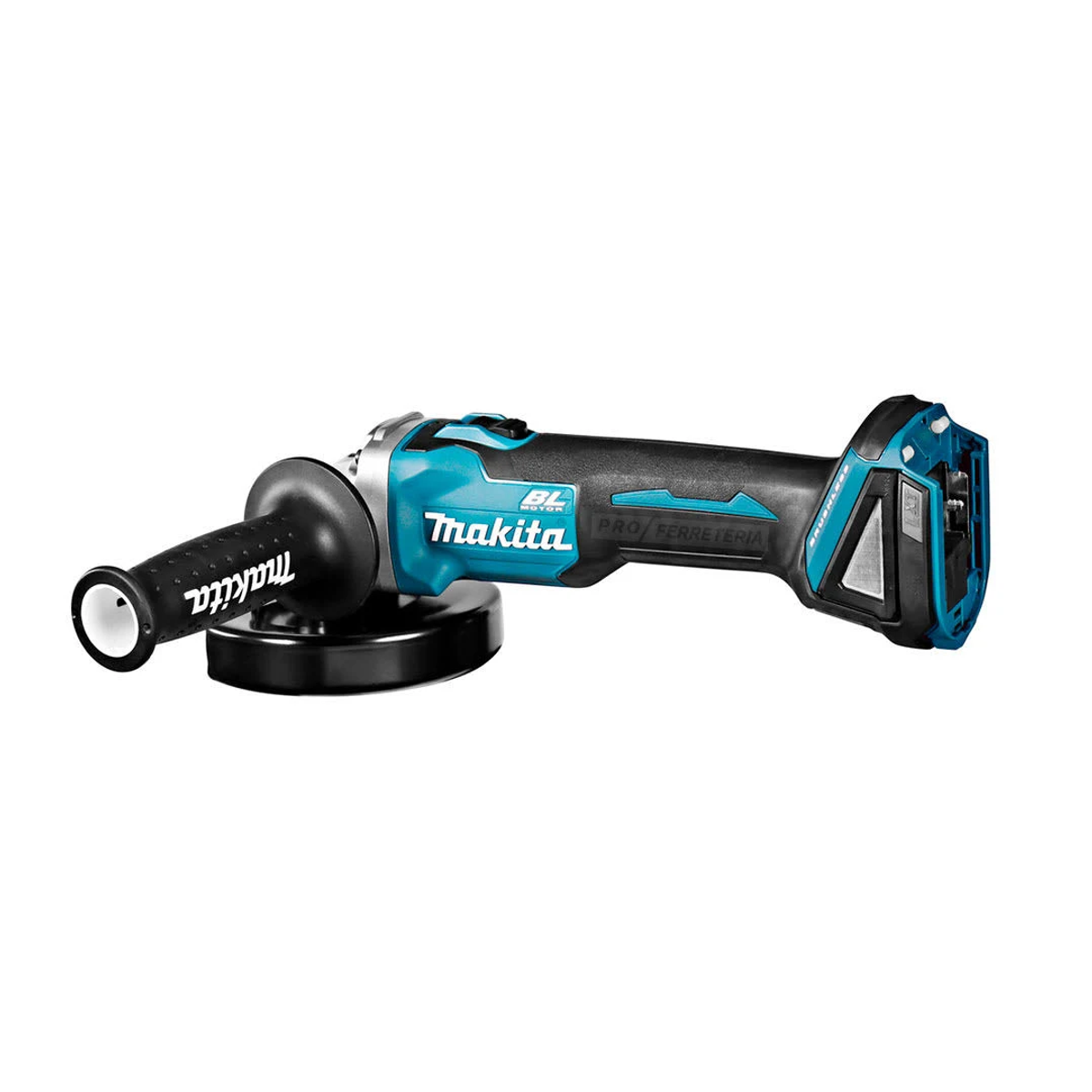 Una amoladora angular Makita turquesa y negra con un mango lateral, sobre un fondo blanco.