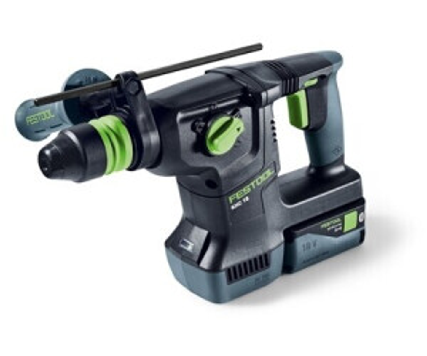 Młotowiertarka Festool, czarno-zielona, z uchwytem i akumulatorem.