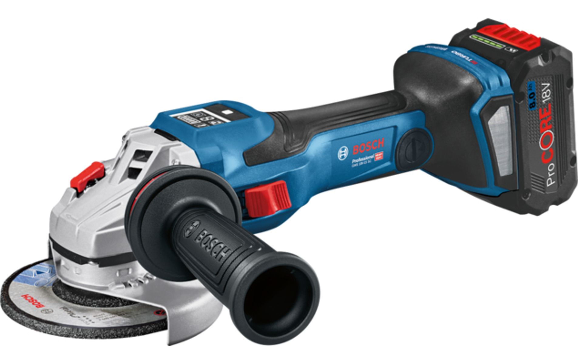 Bosch açılı taşlama makinesi, mavi ve siyah. Kırmızı bir düğmesi ve kesme diskli siyah bir tutacağı var.