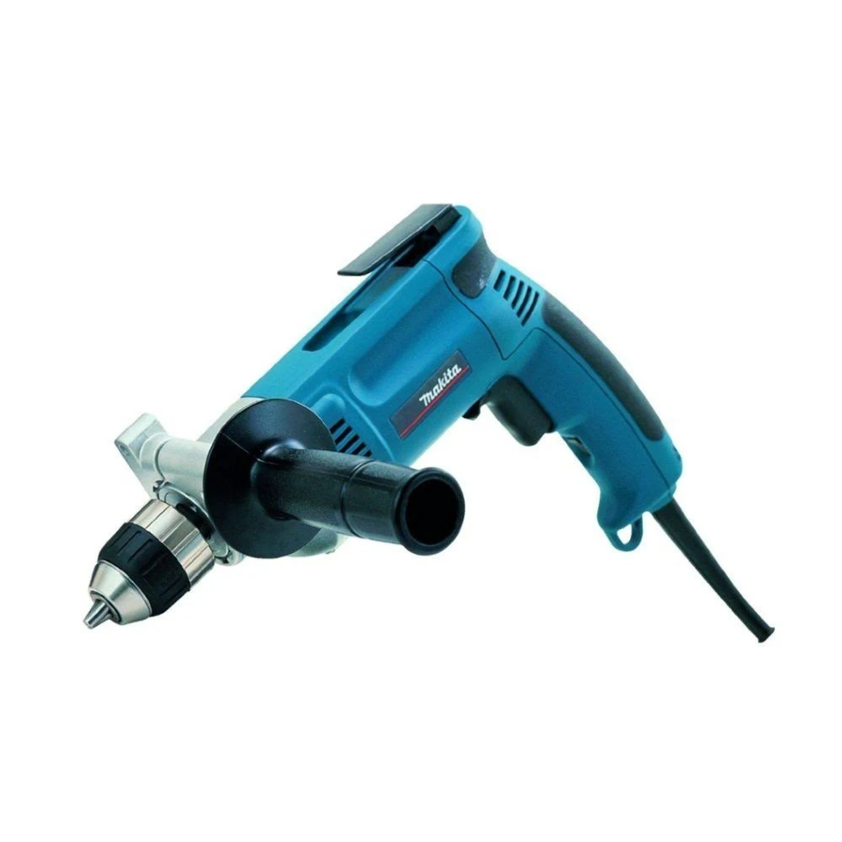 Un taladro Makita azul sobre fondo blanco. Tiene un mango negro y una broca plateada.