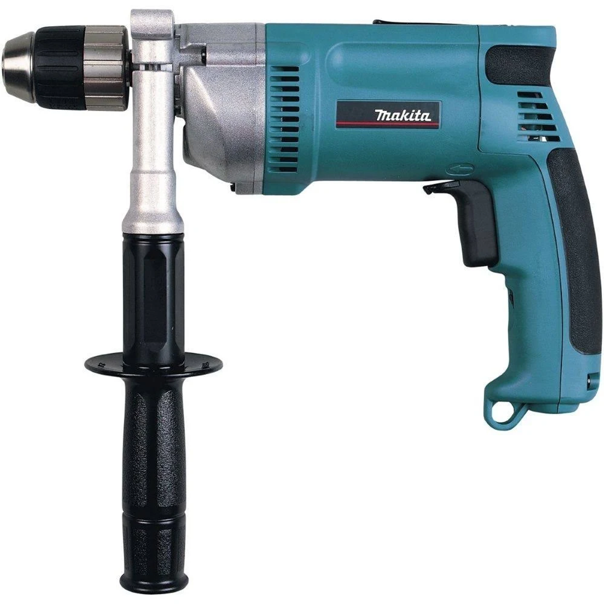 Un taladro Makita turquesa con un mango lateral, sobre un fondo blanco.