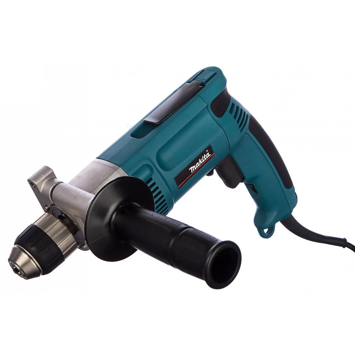 Un taladro Makita verde azulado y negro con mango y cable de alimentación, en ángulo a la derecha.