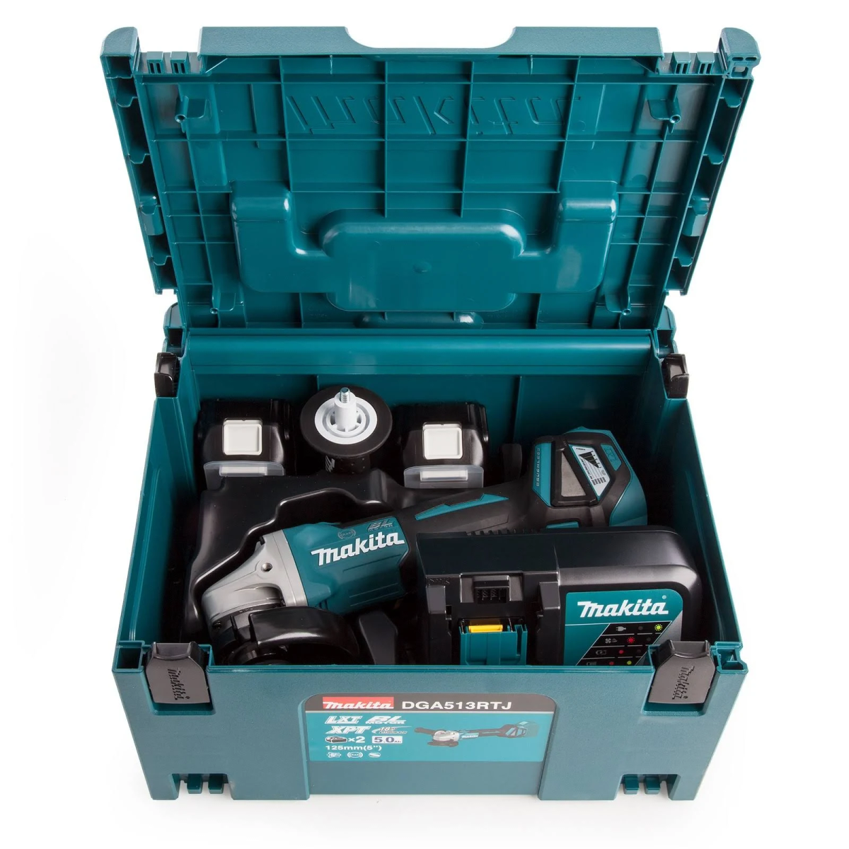 Caja de herramientas abierta de color turquesa que contiene una amoladora, un cargador y otras herramientas.