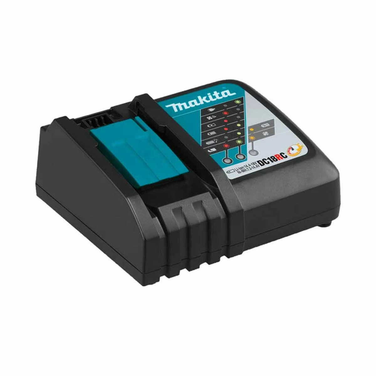 Cargador Makita negro y turquesa. Fondo blanco.