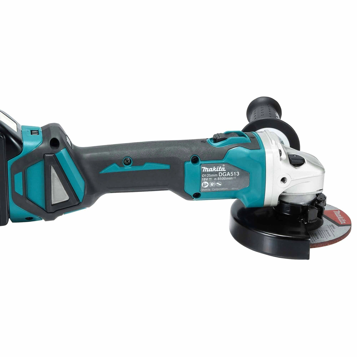 Una amoladora angular Makita en verde azulado y negro. Está sobre un fondo blanco. Disco abrasivo visible.