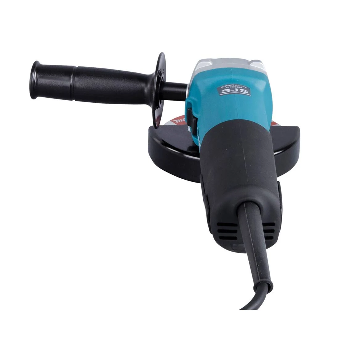 An angle grinder with a black handle and a teal body. The grinder is on a white surface.