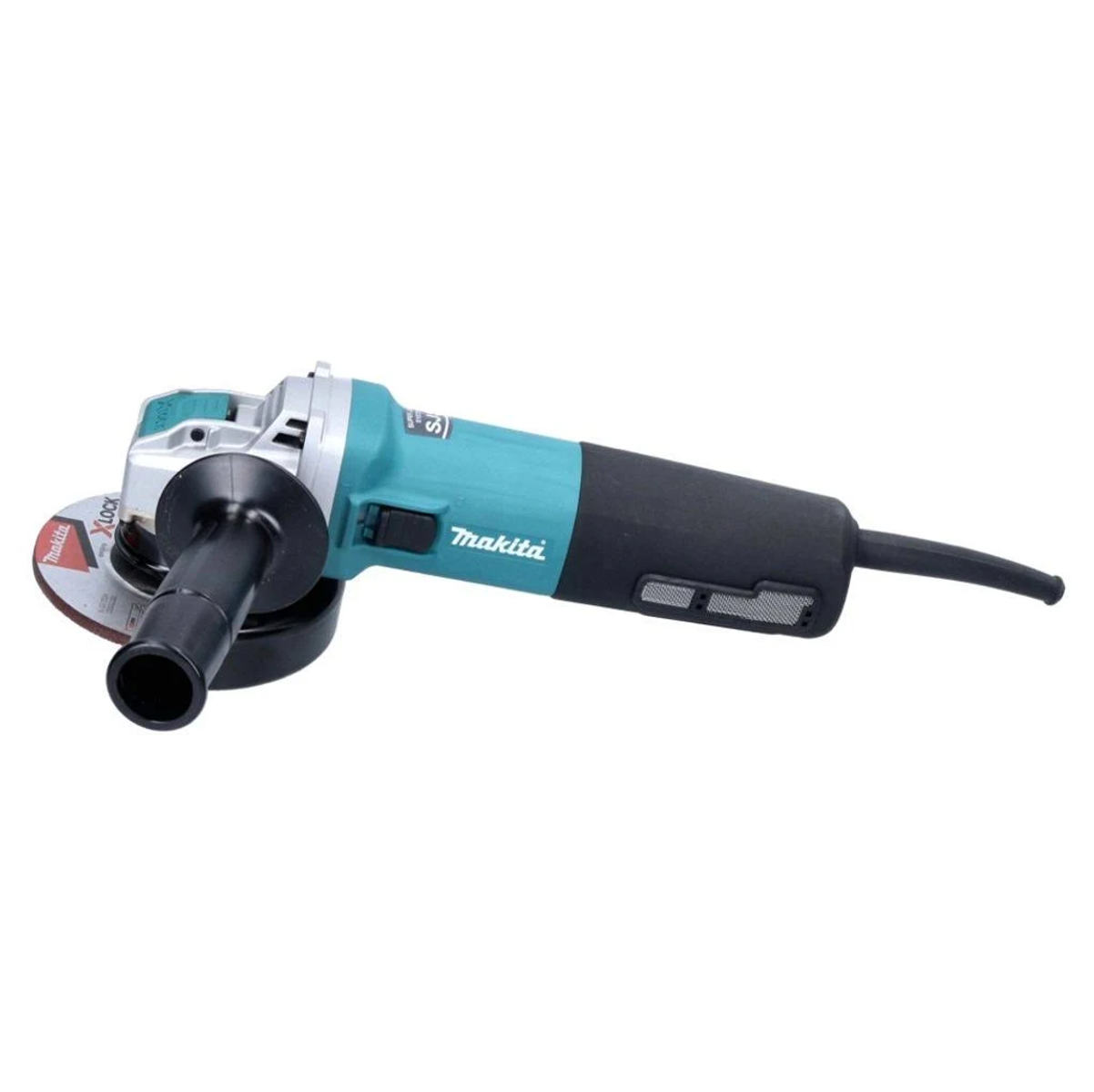 A teal and black angle grinder with a black handle, on a white background.