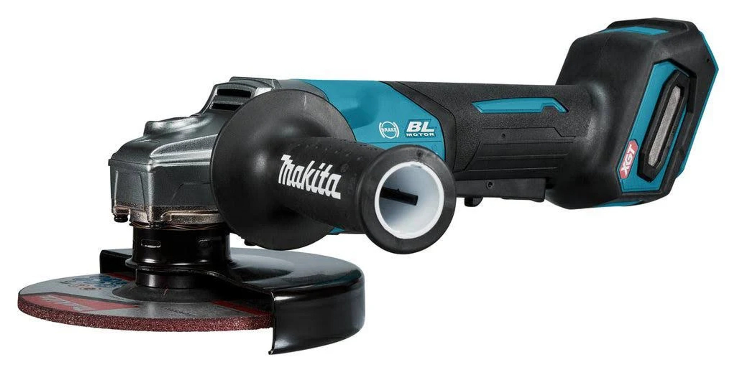Zielono-niebieska, srebrna i czarna szlifierka kątowa Makita. Ma uchwyt i baterię.