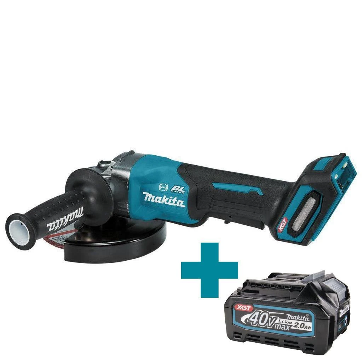 Turkusowa szlifierka kątowa Makita z akumulatorem na białym tle.