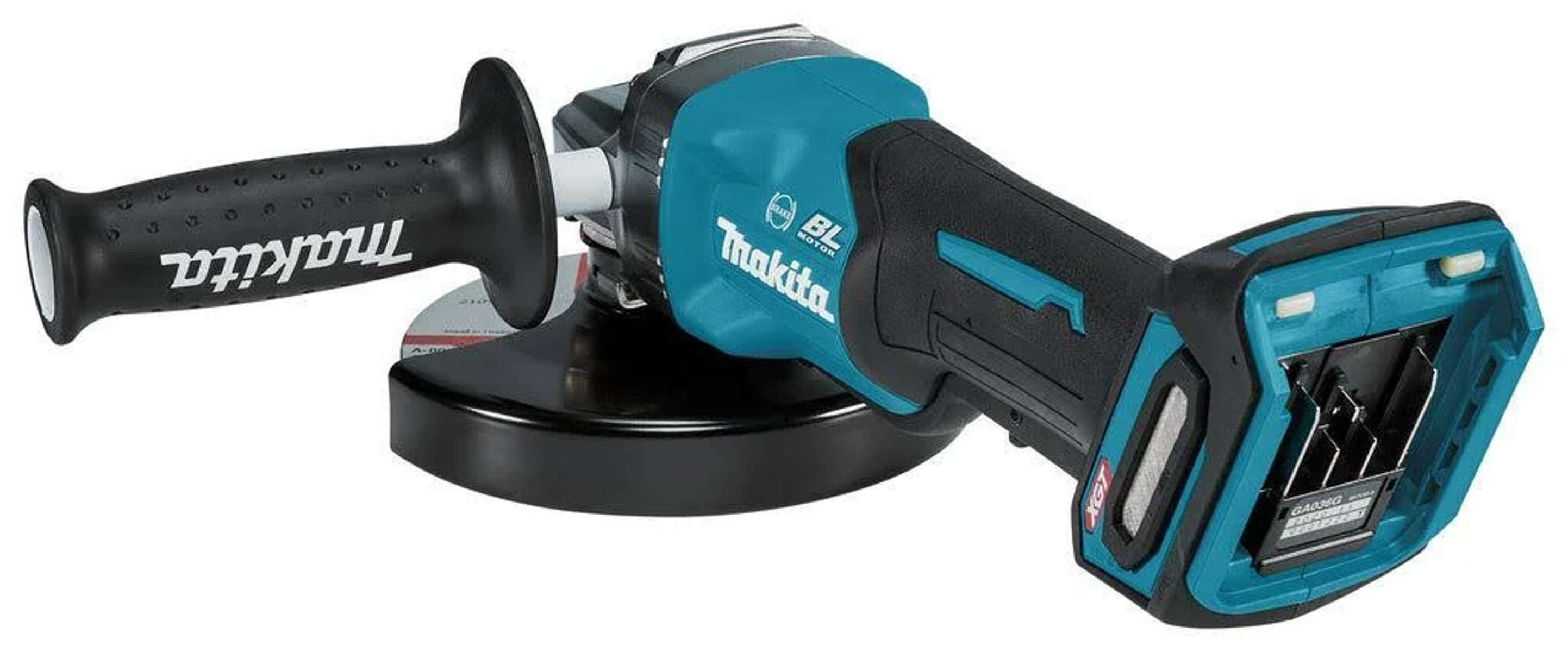 Szlifierka kątowa Makita turkusowo-czarna na białym tle.