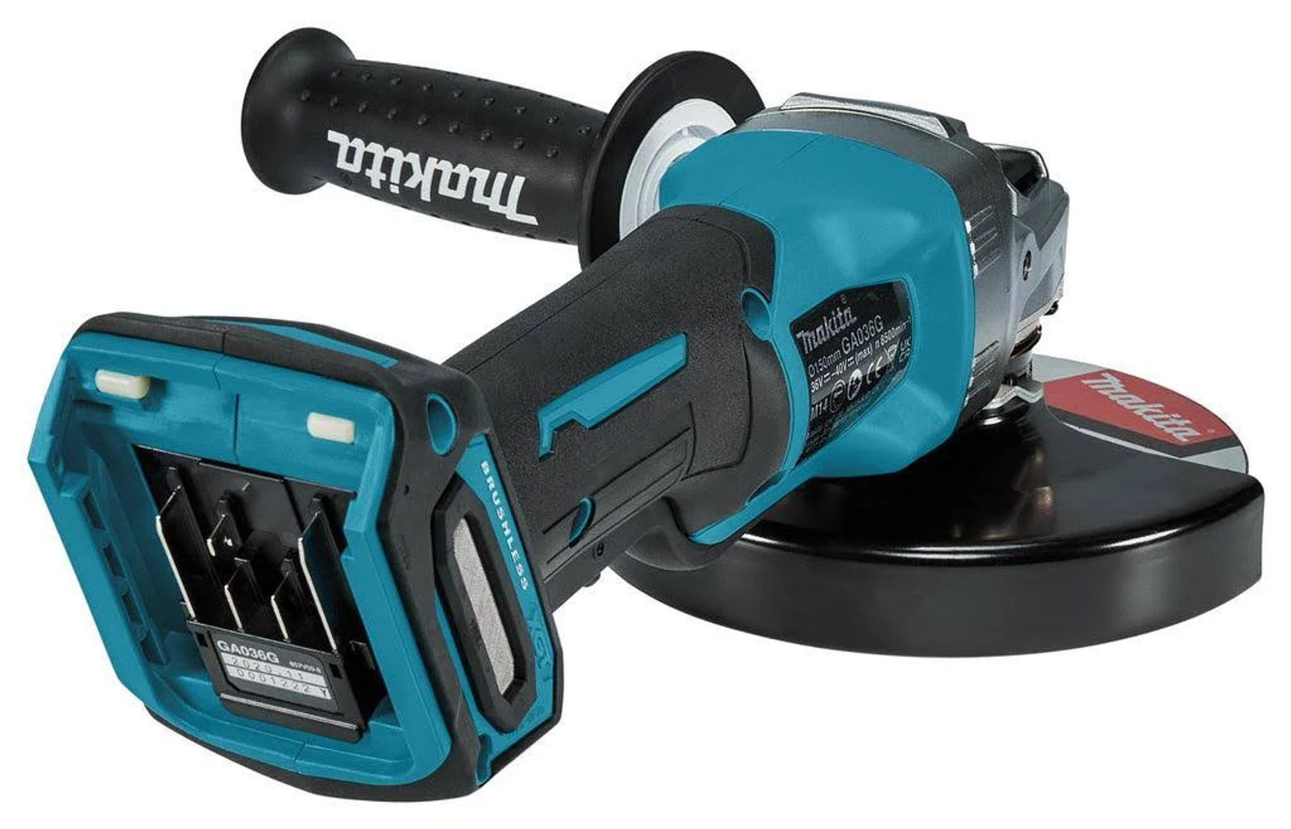 Szlifierka kątowa Makita. Narzędzie jest niebiesko-czarne i ma czarny uchwyt.